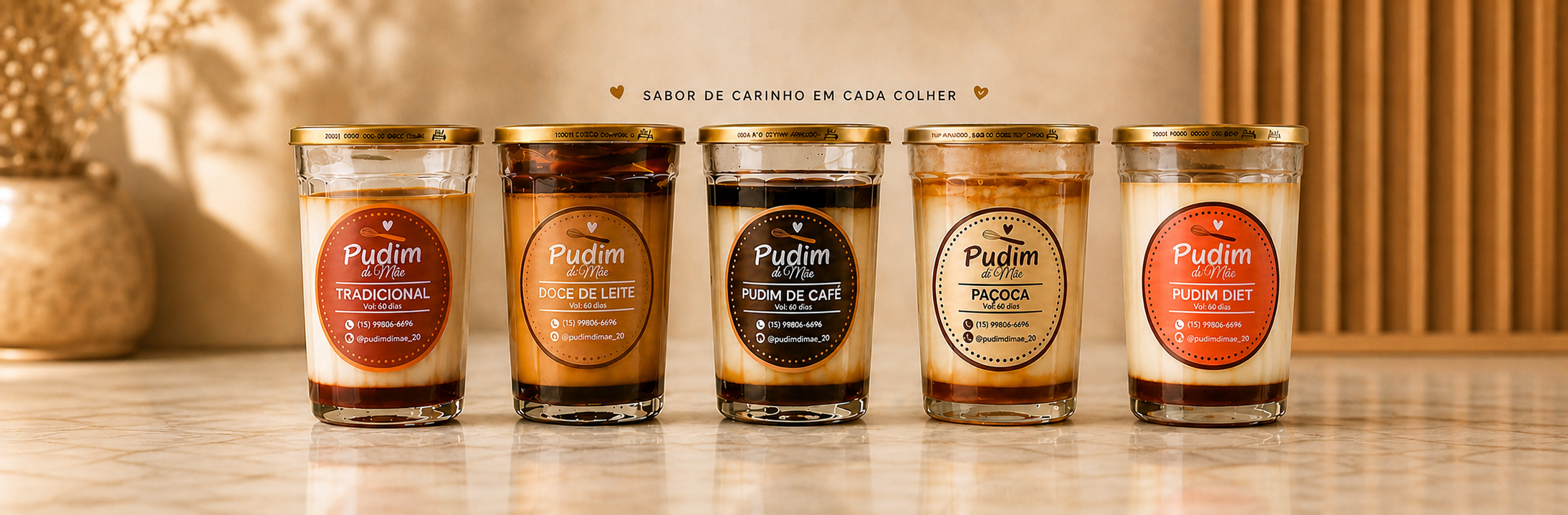 Cinco sabores de pudim artesanal Pudim di Mãe